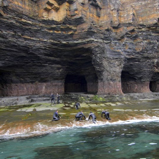 Dotted with sea caves and flanked by massive sea stacks, the mesa-like sandstone of Bell Island is an anomaly in the area.